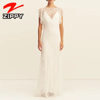 OEM Customize Sexy Printing Floral Lace Slim Fit Maxi Dress Elegant Falbala Little Flying Sleeve O Neck Beach & Party Dress
