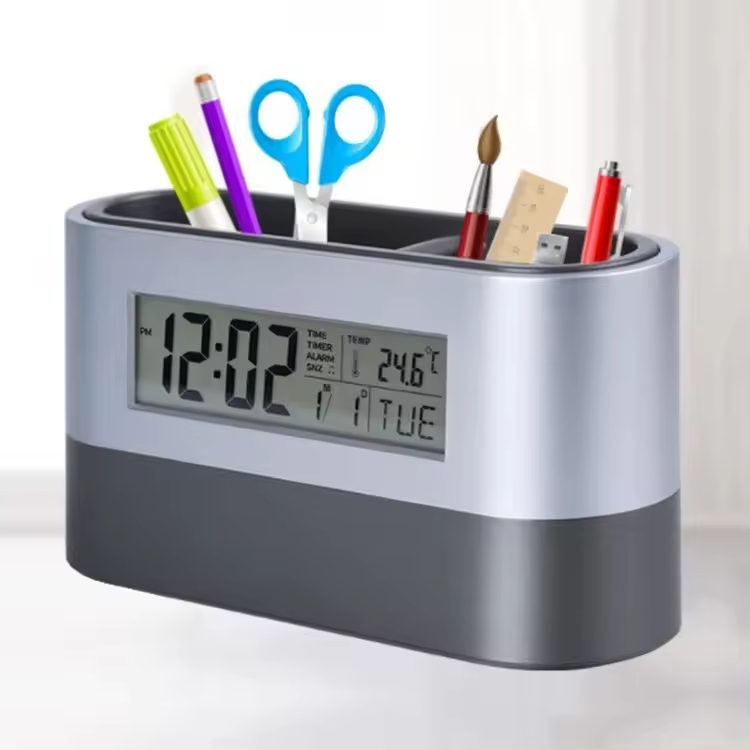 Multifunctional Pen Holder Perpetual Calendar Electronic Clock With Pen Holder Storage Digital LCD Alarm Clock