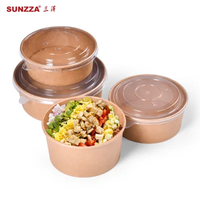 Sunzza Brown Round Disposable Salad/noodles/cutting Fruit Food Container 32OZ Kraft Paper Bowl for Take Out
