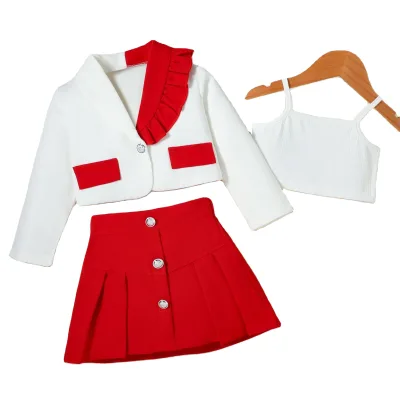 Cross-border New European American-style Autumn Three-piece Set Girls Tailored blazer Suspender Vest Pleated Skirt Polyester
