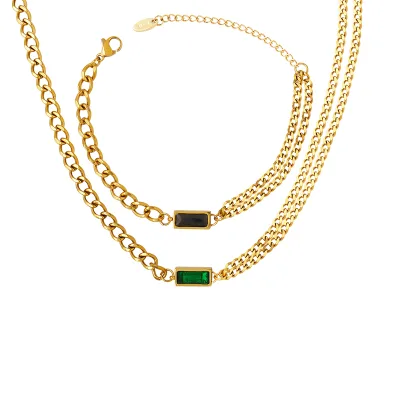 Vintage Inlaid Zircon Double Thick Chain Stainless Steel Gold Plated Wedding Female Friendship Necklace & Bracelet Jewelry Set