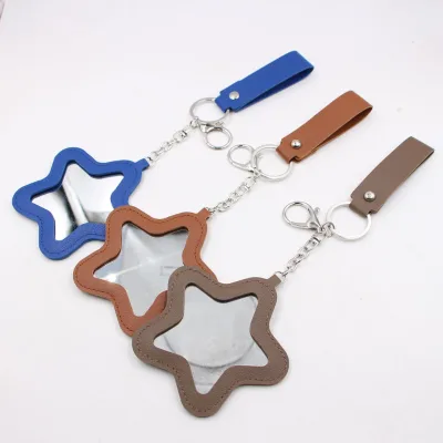 Custom logo PU Leather Pocket Mirror Keychain Flower/Star/Heart Shaped Compact Mirror Promotional Gifts for Women Bag Charm