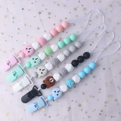 Wholesale Custom Funny Teething Teether Pacifier Clips Baby Pacifier Chain Food Grade Silicone Teether Pacifier Chain