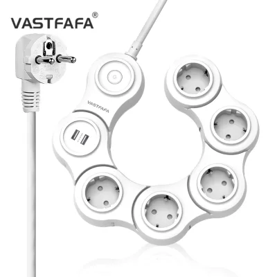 European Plug White Color 2 USB Ports 16A 5 AC Outlets Surge Protection Pivot Flexible Power Strip