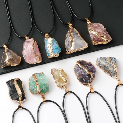 Classically Styled Natural Stone Pendant with Gold-Plated Edge Raw Pink & White Crystal Irregular Gemstone Drop Necklace
