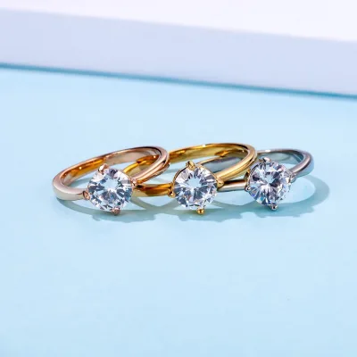 Stainless Steel 18K Gold Plated Solitaire Zircon Ring Classic 4-Prong Engagement Wedding Band Promise Women Bridal Daily Jewelry