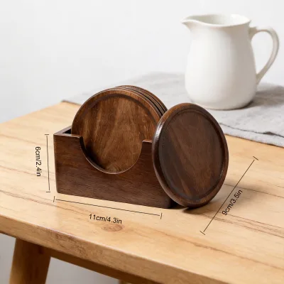 Set of 5 Black Walnut Wooden Coasters with Holder Non Slip Round Drink Coaster Mat for Coffee Mugs Cups Bowls Table Protection