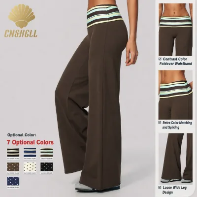 Comfortable High Waisted Loose Fit Wide Leg Athletic Trousers with Adjustable Foldover Waist for Ladies Yoga Pants