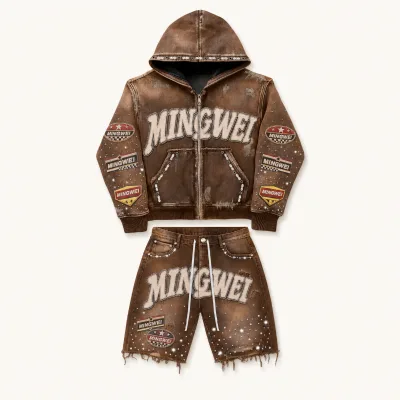 OEM Manufacturer Streetwear Custom Plus Size Men Zip up Rhinestone Hoodie and Acid Wash Short Set Vintage Embroidered Tracksuit