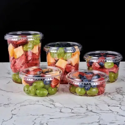 117mm 12 20 24oz Clear Plastic Packaging Fruit Salad Round Bowl Box PET Disposable Dessert Cups with Lids