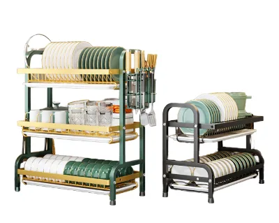 Custom Modern Steel Double Tier Bamboo Dish Drainer Rack Kitchen Storage Chopstick Cutting Board Holder Standing Type