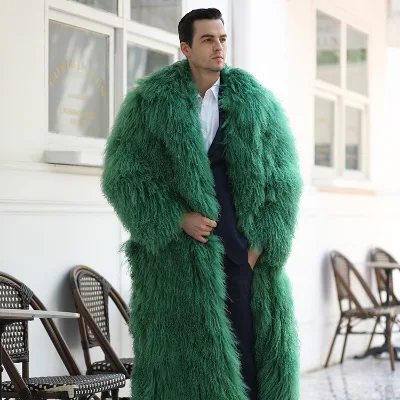 Gorgeous Forest Green Color Real Mongolian Fur Long Coat Thick Windproof Canada Big Mongolian Fur Long Coat for Men