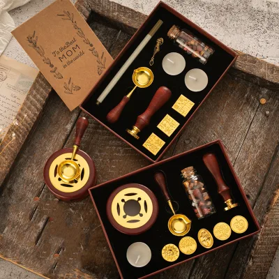 Vintage Elk Sealing Wax Stamp Set Small Round Wooden-Handle Kit with Gift Box for Christmas Theme
