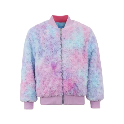 Customizable Stylish Girls Pastel Hued Fuzzy Bomber Jacket Tie Dye Design Pink Trim Accents Girl Jacket