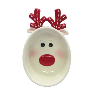 Hand Painted Reindeer Ceramic Christmas Round Bowl 6.5\" Red