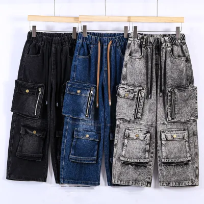Have Stock Kids Sweat Pants Utility Cargo Pants Children Zipper Fly Kids Jeans Girls