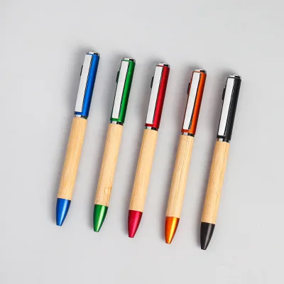 Custom Logo Retractable Ballpoint Pen, Bamboo Wood & Metal Clip, Multi Material Business Advertising Pens Wholesale