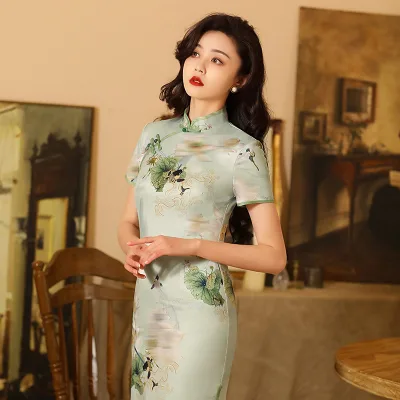 Summer Lotus Cheongsam Long Qipao Dresses Woman Modern Premium Oriental Dress Traditional Chinese Women Wear