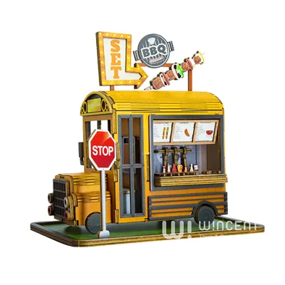 Wincent 3d Wooden Puzzle BBQ Food Truck Miniature House Kit Restaurant American Style Diy Craft Led Light Decor Gift Adult
