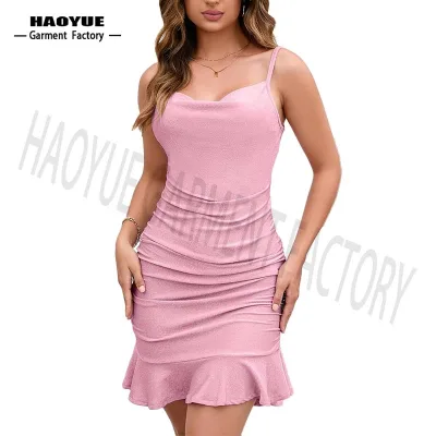 Side Pleated Ruffled Bottom Hem Sexy Halter Mini Dress High Quality Bodycon Women Casual Custom Summer Wear