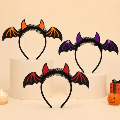 Halloween Headband Devil Horns Bat Wings 3 Colors Orange Purple Red for Women Girls Party Cosplay Costume