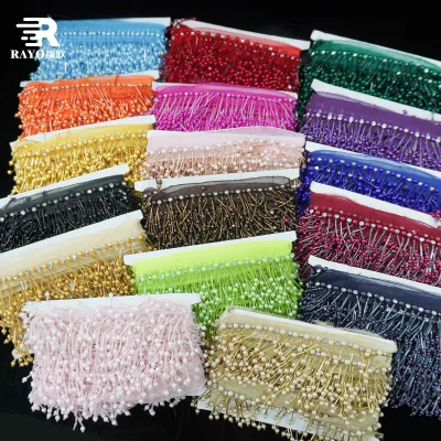 Rayo 7cm Width Pearl Rhinestone Beads Tassel Ribbon Fashion Handmade Lace Fringe Tassel Trim for Wedding Party Dress Decoration