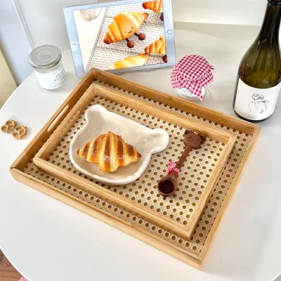 Light-luxury Vintage Moso Bamboo Stackable Tea Tray Rectangular Commercial-use Handles Serving Platter for Pastries Barbecue