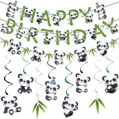 Modern Panda Themed Birthday Party Decoration Set Includes Spiral Hanging Decoration Flag Pulling Tableware Table Decorations