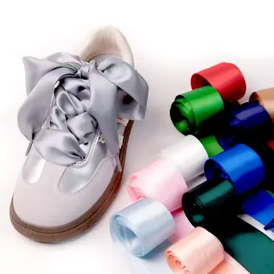 Custom High Quality Satin Ribbon Shoelaces Smooth Silky Casual Style Flat Polyester Shoe Laces Metal Tip Pairs