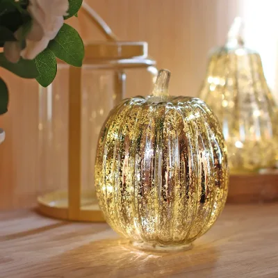 Decorative Mercury Glass Pumpkin Lanterns with Led Lights Lighted Silver Pumpkin Centerpiece Decoration Eco-friendly