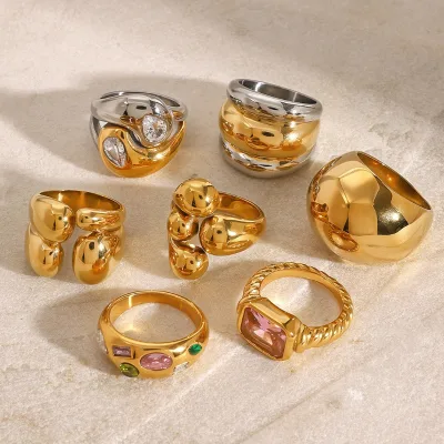 Chunky Stainless Steel 18K Gold Plated Rings Interlaced Two Tone Zirconia Rings for Women