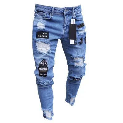 Men's Hip Hop Softener Low Waist Breathable Eco-Friendly Slim Fit Denim Jeans with Patchwork Embroidery Casual Jogging Pants