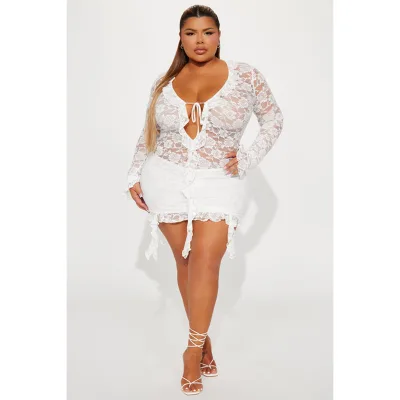 European and American Fashion V-neck Perspective Long Sleeved Slim Fitting Dress Lace Mini Dress