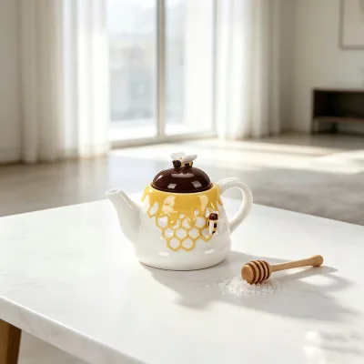 Bee Decor Ceramic Teapot Embossed Honeycomb Texture Lidded Tea Pot Aesthetic Kitchen Tabletop Tea Making Container Wholesale