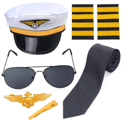 Pilot Costume Kit With Hat Aviator Sunglasses Tie Pin for Men Aviation Halloween Dress up Accessories Set
