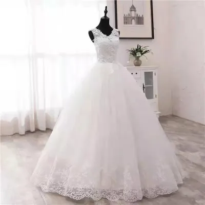 2021 New Fashion Simple V Neck Wedding Dresses White/Ivory Lace Appliques Plus Size Floor Length Wedding Gowns