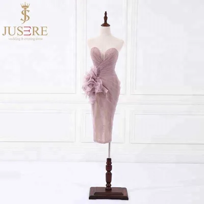 Plunging Sweetheart Neckline Sheath Knee Length Exotic pink Cocktail Dress Party Women With Handmade Rosette