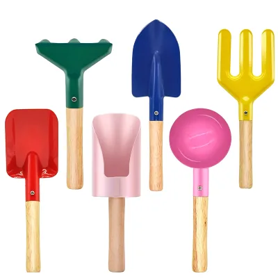 Outdoor Children Beach Playing Exploring Toys 6PCS Wood Handle Garden Tools Set