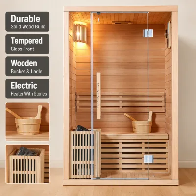 Modern Solid Wood Sauna Cabin Full Glass Front Wooden Bucket Ladle Electric Heater Stones for Home