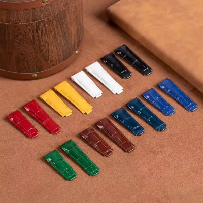 Curved Arc-Shaped Rubber-Capsule Genuine Leather Watch Strap Replacement Strap Green for Top-Layer Cowhide Bamboo Pattern
