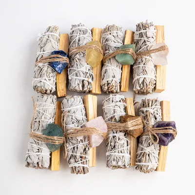 Natural Crystal Stone Feng Shui Polished with Healing White Sage and Palo Santo Smudge Stick Set for Yoga Meditation Gift