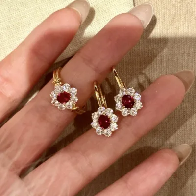 High-end Woven Design Pigeons-blood Ruby Zircon Tungsten Ring Earrings Set Light-luxury High-carat diamond Ear Clips Women