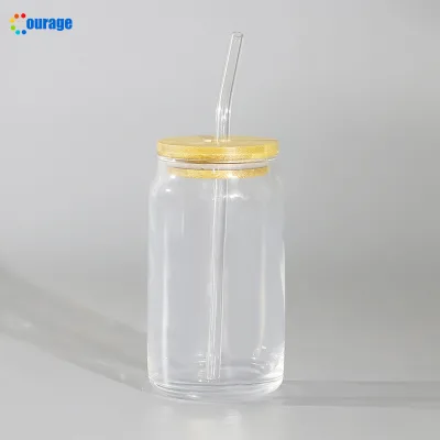 Coated Transparent  16 oz Beer Sublimation Glass Can with Bamboo Lid
