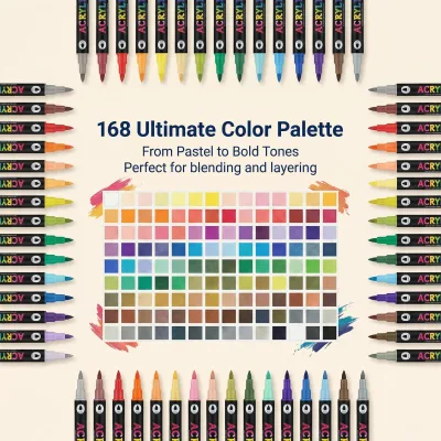 Non Toxic 168 Shades Dual End Acrylic Marker Set High Opacity Ink Works on Wood Metal Ceramic & Dark Surfaces
