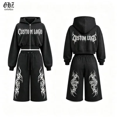 Women 2 Piece Set Cropped Hoodie Long Sleeve Drawstring Elastic Waist Wide Leg Bermuda Shorts Streetwear Fall Winter Tracksuit