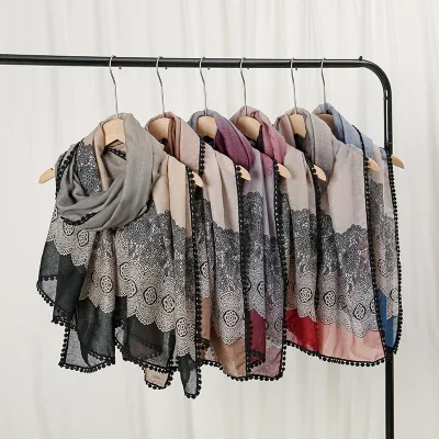 Bohemian Ethnic Style Muslim Scarf Purl Gradient Color Lace Women Scarf Fashion Cotton Texture Printed Long Hijab Muslim Scarf