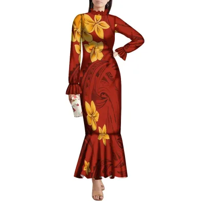 New Elizabethan Colar Design Custom Logo Frill Fishtail Dress Hawaii Flower Print Courtly Style Elegant Mermaid Long Dress