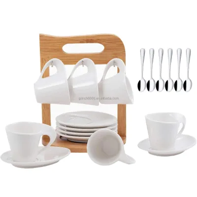 Espresso Cup Set of 6 Ceramic Coffee Tea Set Porcelain Cup Coffee Mugs with Saucer Service Spoons and a Bamboo Cup Stand