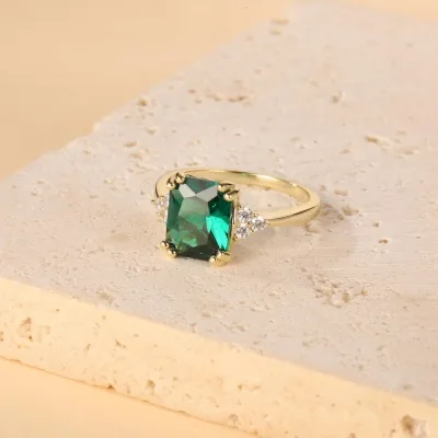 Emerald Cut Lab Created Emerald Solitaire Ring Yellow Gold Minimalist Ring Statement Art Deco Ring May Birthstone Ring Gift