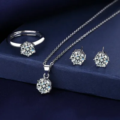 Douyin Live supplies S925 silver classic six-prong imitation Moissan diamond jewelry set, necklace, ring and earrings